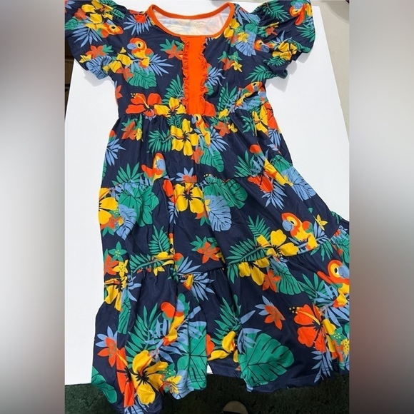 V & Grin Girls Print Ruffle Maxi Dress with Parrots & Colorful Flowers(Size 9-10 - Picture 5 of 7